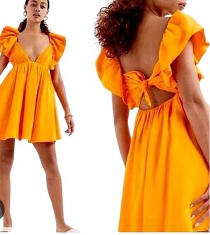 MASKAZU Womens Orange Ruffle Mini Babydoll Dress Butterfly Tie Back Size S NWT